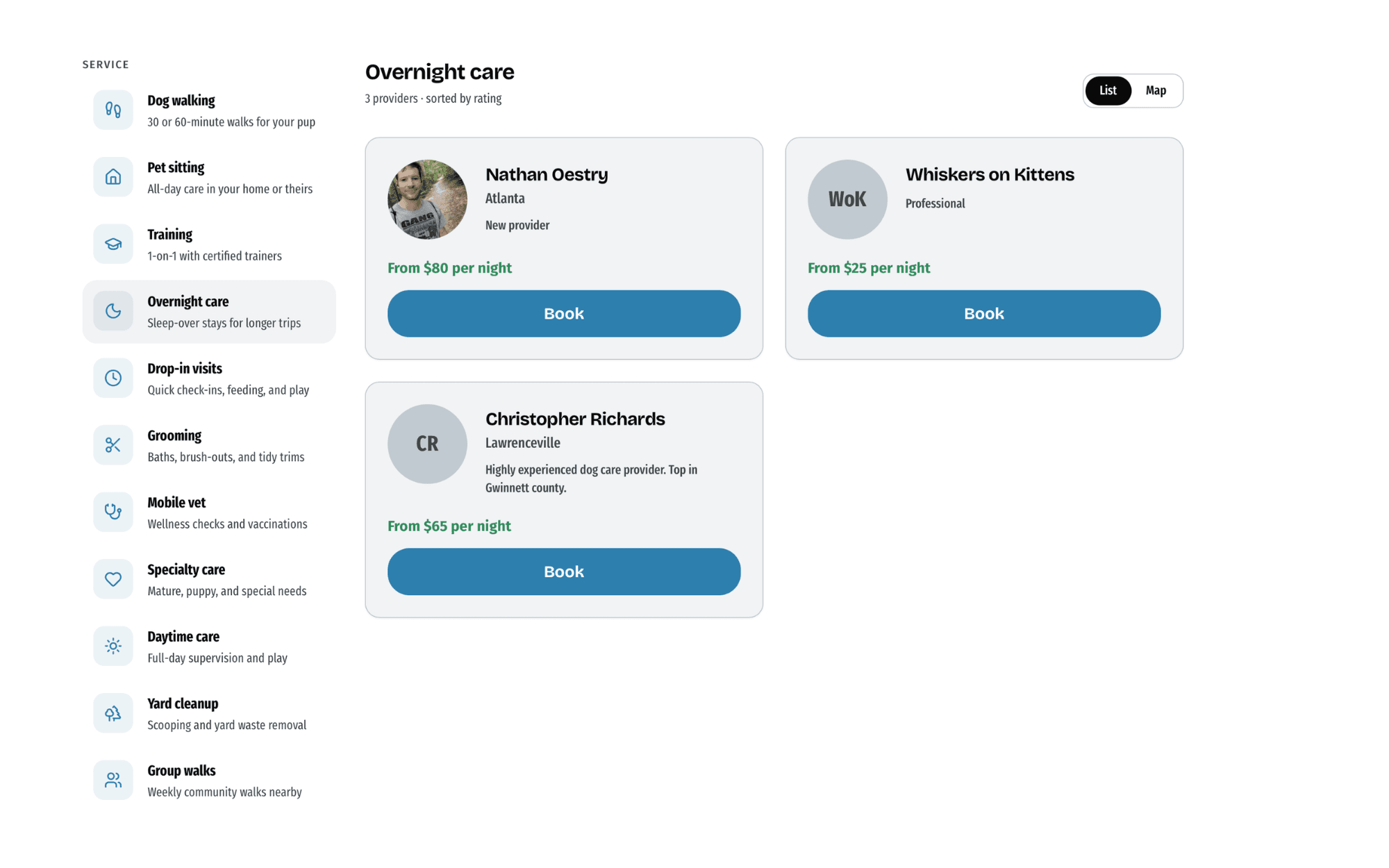 The Haus Dogs booking search — filters, provider cards, and a map of metro Atlanta
